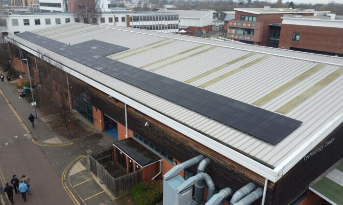 aerial view of business with solar panels